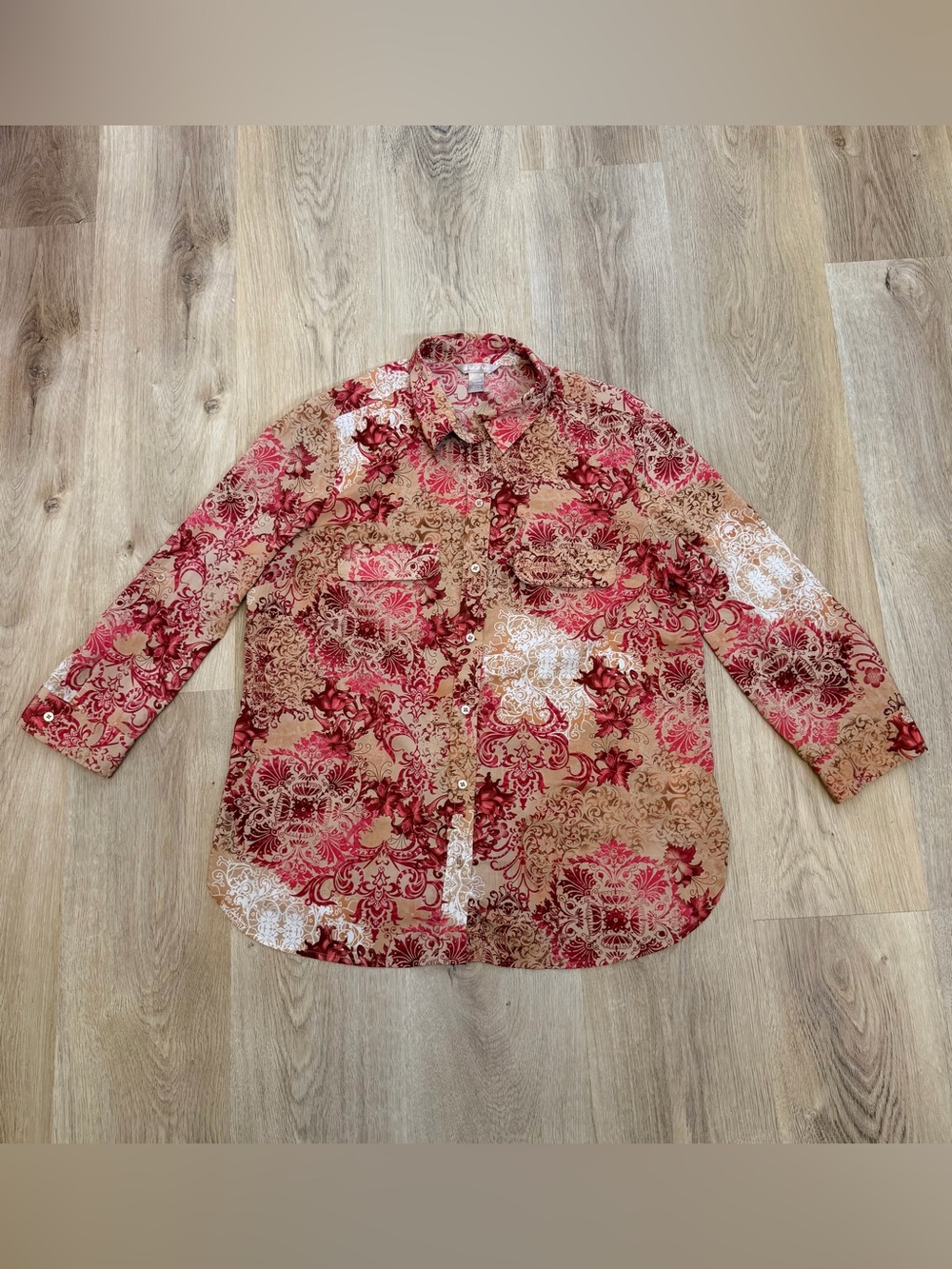 White Stag Red and Tan Floral Print Button-Down Shirt